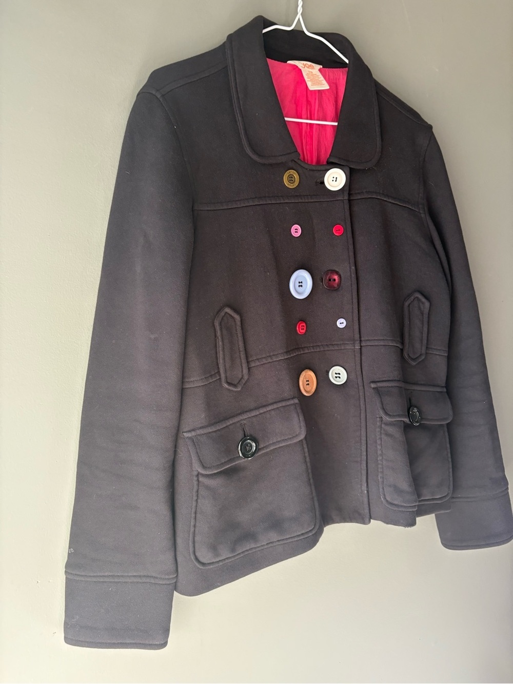 Joe Fresh Black Button Art Jacket Pink Lining Size L Unique Statement Coat - Picture 6 of 12